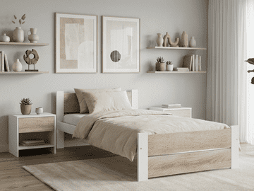 Ljubki dom Postelja IKAROS DOUBLE 90 x 200 cm, bela/hrast sonoma Posteljno dno: Letveno posteljno dno, Vzmetnica: Vzmetnica Somnia 17 cm