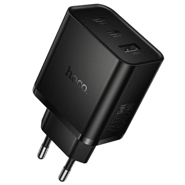 Hoco Polnilec adapter N75 GaN PD 65W 1x USB A in 2x Type C za Samsung, Apple - črn