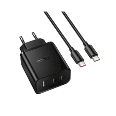 Hoco Polnilec N75 GaN PD 65W 1x USB A in 2x Type C s kablom 1m Type C za Samsung, Apple - črn