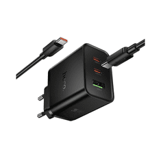 Hoco Polnilec N75 GaN PD 65W 1x USB A in 2x Type C s kablom 1m Type C za Samsung, Apple - črn