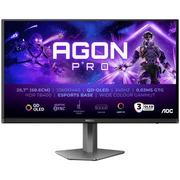 AOC AGON PRO AG276QZD2 gaming monitor - 67.8cm (26.7"), QHD (2560 x 1440), QD-OLED, 240Hz, 0.03ms (GTG), Adaptive Sync, HDR400, USB razdelilnik
