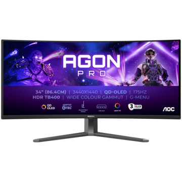 AOC AGON PRO AG346UCD ukrivljen gaming monitor - 86.4cm (34"), UWQHD (3440 x 1440), QD-OLED, 1800R, 175Hz, 0.03ms (GTG), FreeSync Premium Pro, HDR400, USB razdelilnik