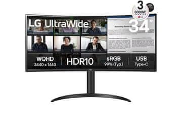 Monitor LG 34 34WR55QK-B UltraWide ukrivljen, VA, 3440x1440, 2x HDMI, DP, USB C