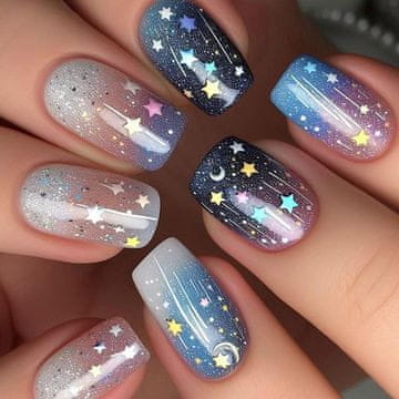 slomart 24 kosov kvadratnih umetnih nohtov z vesoljsko tematiko, luninimi in zvezdnimi motivi, akrilni, sijoči, za lepljenje za ženske in dekleta