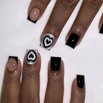 slomart Pritisni nohti za valentinovo, dizajn srca, kratki, kvadratni, umetni nohti, črno-beli, akrilni, za lepljenje, manikira, 24 kosov