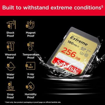 SanDisk Extreme PLUS 256GB SDHC Mspominska kartica 180MB/s in 130MB/s branje/pisanje, UHS-I, Class 10, U3, V30