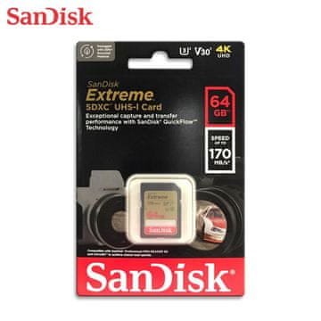 SanDisk Extreme 64GB SDXC spominska kartica + 1 leto RescuePRO Deluxe do170MB/s & 80MB/s branje/zapisovanje, UHS-I, Class 10, U3, V30