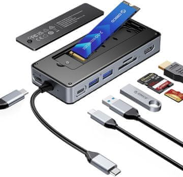 slomart ORICO 8-v-1 priklopna postaja USB C z M.2 SSD ohišjem, USB C vozlišče, 10 Gbps, 4K HDMI, 100W PD, SD/TF čitalnik, 15cm