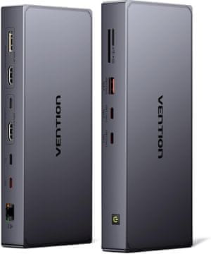 slomart VENTION USB C priklopna postaja 7-v-1 za 2x 4K@60Hz monitorja, DisplayLink, 10Gbps USB, HDMI, DP, PD 100W, SD/TF, RJ45