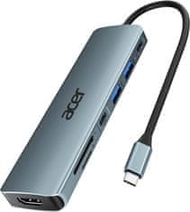 slomart Acer USB C Hub: 7-v-1, USB-C na 4K HDMI, 2x USB 3.0, 1x Tip C 5Gbps, 100W PD, SD/TF, aluminij. Za iPhone, MacBook, iPad, S24, Surface.