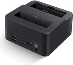 slomart Dvojni priklop za trdi disk USB 3.0 - 2,5"/3,5" SATA HDD/SSD (do 2x16TB) s čitalnikom SD/TF. Kloniranje, Plug & Play, varnostno kopiranje.