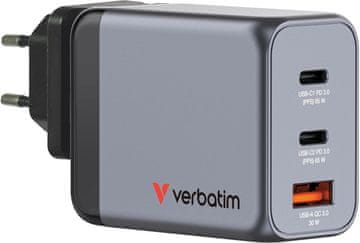 slomart Verbatim GaN polnilec 65W - 3 vrata (2x USB-C, 1x USB-A) - Hitro polnjenje za MacBook, prenosnik, iPad, iPhone, Samsung in več.