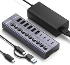 slomart **10-portno USB 3.2 Gen 2 10Gbit/s aktivno vozlišče s 60W napajanjem, 6x USB-A & 4x USB-C, hitro polnjenje**