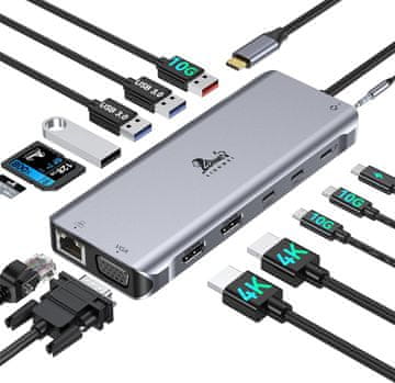 slomart USB-C priklopna postaja: Dvojni HDMI, 3 monitorji, 4K, VGA, PD 100W, 10Gbps, Gigabit Ethernet, SD/TF, Audio, za Dell, HP