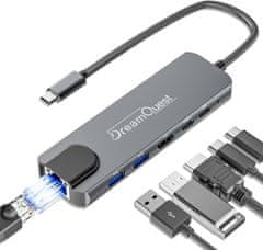 slomart DreamQuest USB-C Hub 6-v-1: 4K HDMI, 1000Mbps, PD 100W, USB 3.2 (5Gbps). Za PC, prenosnike, Xbox, Flash, HDD, tiskalnike, HP, Dell.