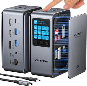 slomart VENTION 13 v 1 priklopna postaja za prenosnik - 3 monitorji, 8K, 2*HDMI&1*DP, PD 100W, USB, SD/TF, USB C, MacBook, Dell, Lenovo, HP