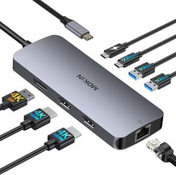 slomart MOKIN USB C priklopna postaja: Dvojni monitor 8 v 1 - 2x HDMI, DisplayPort, Gigabit Ethernet, 100W PD, USB, za MacBook/Dell