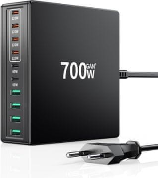 slomart 700W USB-C polnilec, 10-portni hitri polnilec (6x USB-C, 4x USB-A) GaN za MacBook, iPhone, iPad, Samsung. PD & PPS.