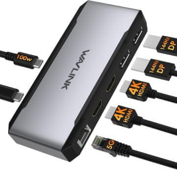 WAVLINK WAVLINK USB-C Docking Station Dual DP, 2x HDMI, 100W PD, 5G Ethernet