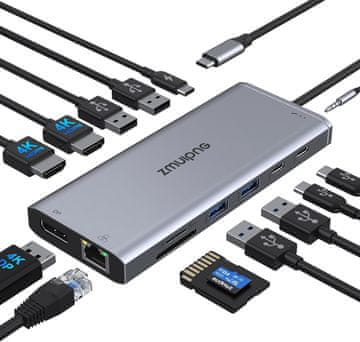 slomart USB C priklopna postaja 14 v 1: Dvojni 4K HDMI, DP, Ethernet, USB, 100W PD, SD/TF, Audio/Mic za Dell, HP, Lenovo.