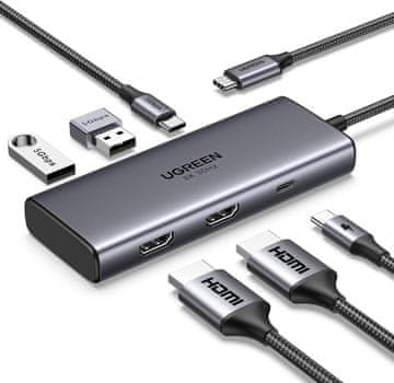 slomart UGREEN Revodok 206 USB C Hub - 2x HDMI, 3x USB, 100W PD, za Surface, ThinkPad, Zenbook. Priklopna postaja za več naprav.