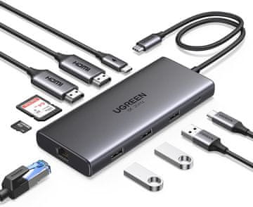 slomart UGREEN Revodok Pro USB C priklopna postaja - Dvojni HDMI, 10 v 1 Hub, Gigabit Ethernet, PD 100W, SD/TF čitalnik