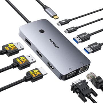 slomart MOKiN USB C priklopna postaja 9 v 1: 2x HDMI 4K, DisplayPort, VGA, 100W PD, Gigabit Ethernet, 3x USB 3.0, za prenosnik in MacBook