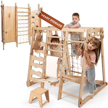 GOODEVAS Izboljšana notranja plezalna konstrukcija 9 v 1: Montessori igrišče z drsalko, gugalnico, plezalno steno, plezalnim trikotnikom in kompletom za ustvarjanje za otroško sobo