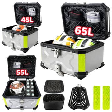 KJB Aluminijasti kovček za motorno kolo, 45 l, 55 l, 65 l – vodoodporna zadnja shranjevalna skrinja