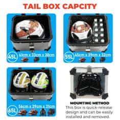 KJB Aluminijasti kovček za motorno kolo, 45 l, 55 l, 65 l – vodoodporna zadnja shranjevalna skrinja