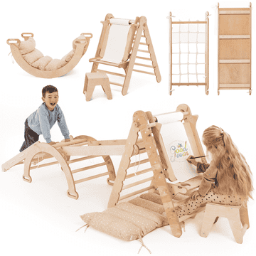 GOODEVAS Izjemno velika notranja plezalna konstrukcija 6 v 1 Montessori za malčke (1-5 let) – trikotna lestev, lok, rampa, mreža, blazine in umetniški dodatki. Leseno igrišče.