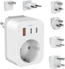 slomart **Potovalni adapter za vtičnice po vsem svetu s USB-C (PD 20W). 6 nastavkov za Južno Afriko/JAP/AUS/ZDA/EU/UK. Svetovni adapter.**