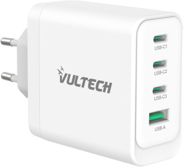 slomart VulTech CC100-3C1A Univerzalni polnilec 100W GaN USB za prenosnik, telefon, tablico. 3x USB-C PD, QC3.0, PPS. Kompaktna bela.