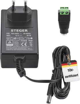 slomart STEGER 12V napajalnik 2,5A 30W - Certificiran za igrače, LED, modelarstvo, IT. 12V adapter 5,5mm x 2,1mm, 100-240V.