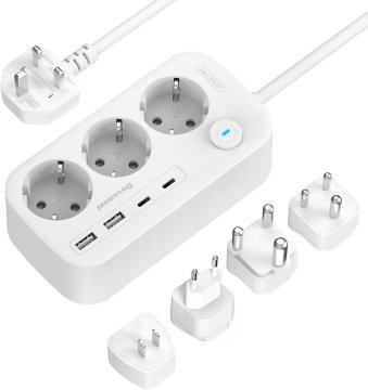 slomart Reiseadapter Weltweit - Potovalni adapter z 3 vtičnicami in 4 USB (2 USB-C) za svetovno uporabo. 1.5M kabel.