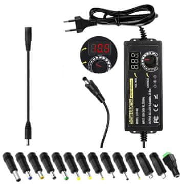slomart 3V-24V Univerzalni napajalnik 3A 72W z LED zaslonom in 14 nastavki. Nastavljiv adapter za elektroniko, 100-240V AC na DC, max 3A.