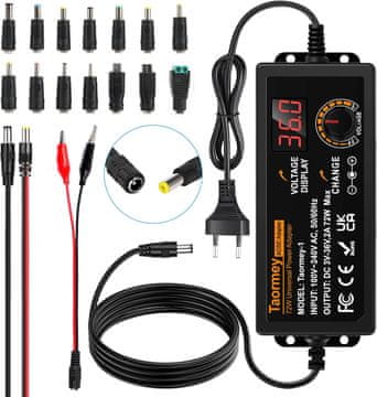 slomart 3V-36V Nastavljiv napajalnik 2A 72W, univerzalni adapter 100V-240V AC/DC z LED zaslonom, 16 nastavkov za elektroniko