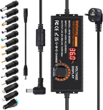 slomart Nastavljiv napajalnik 9V-36V 4A 144W, univerzalni adapter, 100V-240V AC/DC, LED zaslon, 14 nastavkov, 4000mA max.