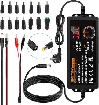 slomart Taormer 3V-36V Nastavljiv napajalnik, univerzalni adapter 2A, 72W, 100V-240V AC/DC, LED, 16 nastavkov, 5.5x2.5mm, za elektroniko