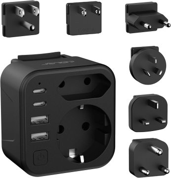 slomart JSVER Svetovni potovalni adapter - 6 v 1 z 4 USB, 2 vtičnicami in stikali. Mednarodni adapter za EU, ZDA, VB, in več. Črn.