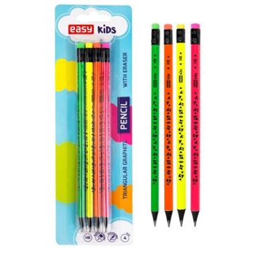 Spokey EASY Kids FLUO Komplet grafitnih trikotnih svinčnikov z radirko, HB, 4 barve