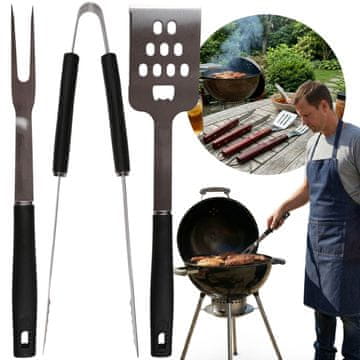 GARDEN LINE Komplet pripomočkov za žar s plastičnim ročajem, lopatica, klešče, vilice – komplet iz nerjavečega jekla