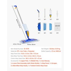 VEVOR Razpršilni mop rezervoar za vodo 800 ml 115x38x123 cm modra