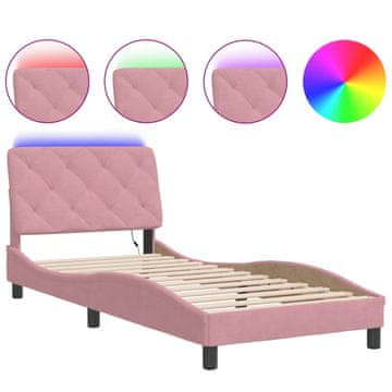 Vidaxl Posteljni okvir z LED brez vzmetnice roza 90x200 cm žamet