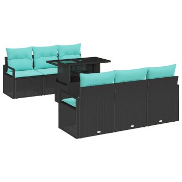 Vidaxl Vrtna sedežna garnitura 7 pcs Črna in modra poli ratan