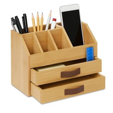 Northix Organizator za pisalno mizo iz bambusa, 2 predala, 5 predelkov, za pisarniške, kopalniške ali kuhinjske potrebščine