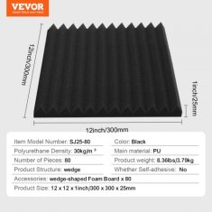 VEVOR Akustične penaste plošče 300x300x25 mm Črne