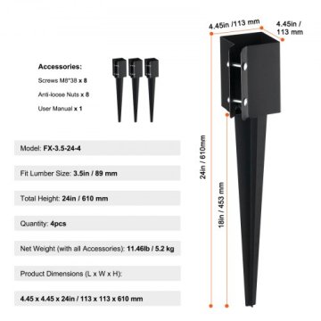 VEVOR Nosilec za ograjne stebre 4 kosi 113x113x610 mm Črn
