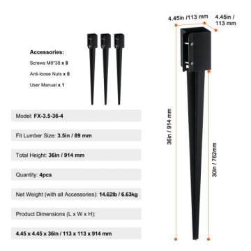 VEVOR Nosilec za ograjo zemeljski klin 113x113x915 mm črni kovinski