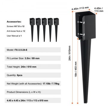 VEVOR Nosilec za ograjo zemeljski zabojnik 113x113x610 mm črn